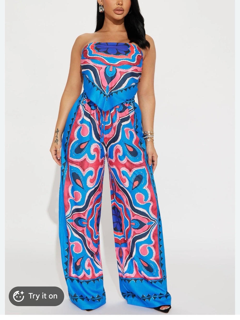 Strapless Wide-Leg two piece set in Blue & Pink